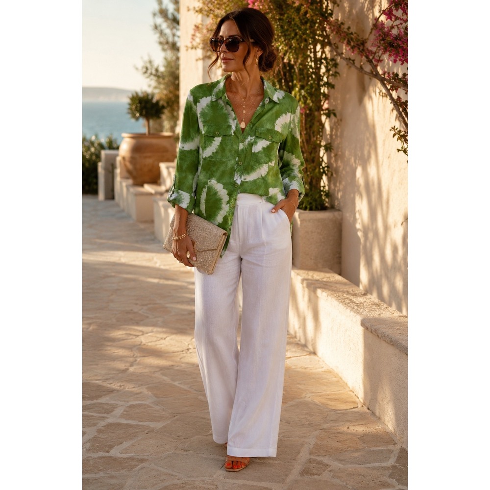 Michael Kors Womens Green White Tie Dye Cotton Button Down Shirt Size M